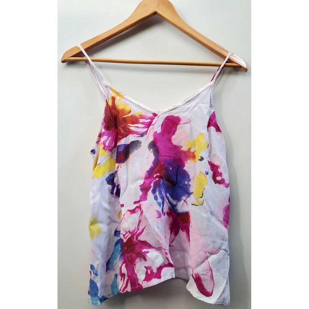 Moon Child Camisole Top MED Abstract Floral Violet/Purple/ Blue Yellow V Neck